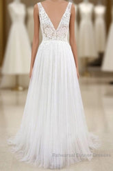 Long A-line V-neck Lace Tulle Open Back Wedding Dresses